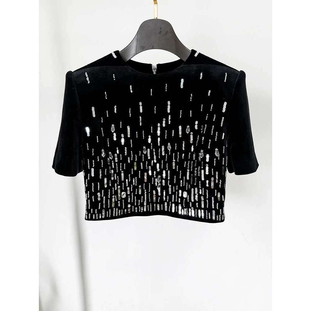Ladies Suits TOP QUALITY Newest Designer Suit Women's Short Sleeve Stunning Beaded Veet Cropped Tops Mini Skirt Set 2Pcs