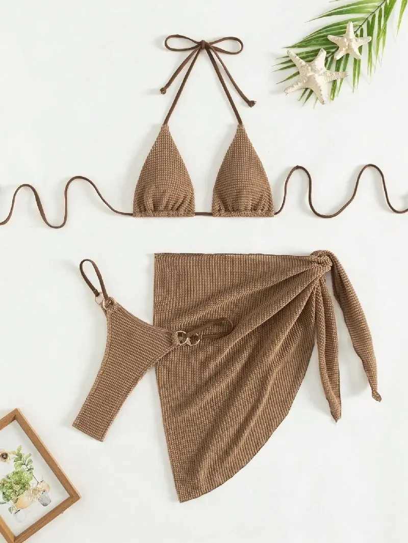 Sexy Brown Bikini Set 2024 Women Halter Push Up Bra Skirt 3 Piece Swimsuit Summer Bathing Suit Cover Up Thong Swimwear BiquiniXJ241212