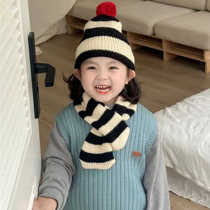 Scarves Wraps 1-8Y Children Caps Scarf Set Autumn Winter Thicken Warm Girls Baby Knitted Hats Neckerchief Fashion Korean Striped Kids Scarves H241213