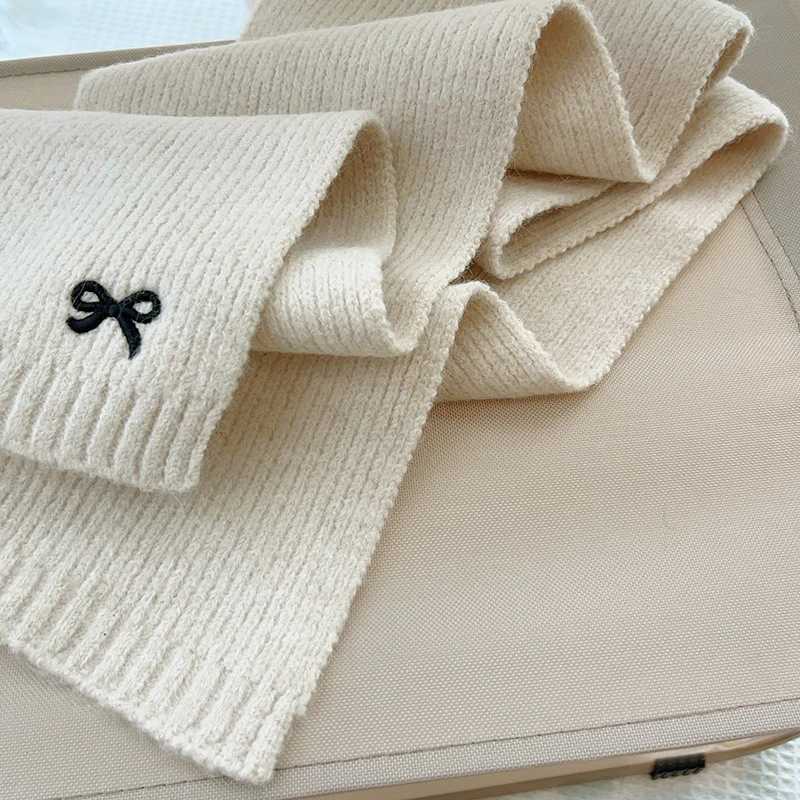 Scarves Wraps Winter Wool Scarf for Kids Thicken Warm Knitted Scarves Solid Color Bow Embroidered Children Boy Girl Neckerchief H241213