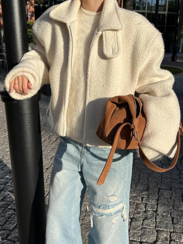 White Fashion Zipper Cashmere Womens Jacket Fashion Collar Long Sleeve Loose Cutting Coat Womens Autumn/Winter Casual Coat 241205