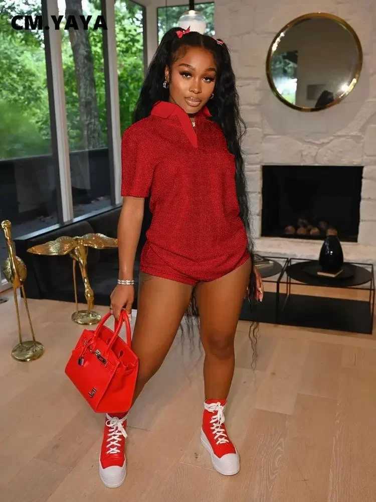 Women's Two Piece Pants CM.YAYA Fashion Giliding Womens Set Short Slve Polo-collar T-shirt and Shorts 2023 Summer Two 2 Piece Set Outfits Tracksu
