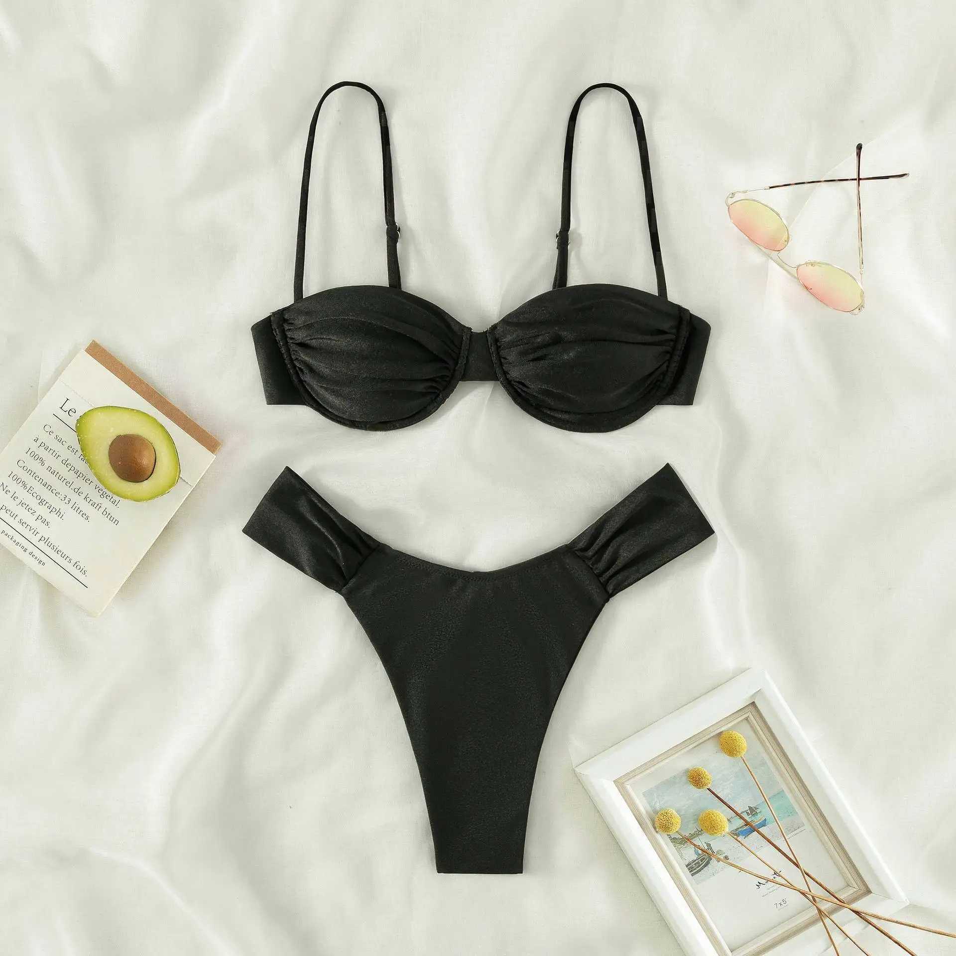 Women Sexy High Cut Bikini Sets Push-up Pated Bra+Low Waist Bris Two-Piece Swimsuits Solid Color Swimwear Beachwear BiquinisXJ241212