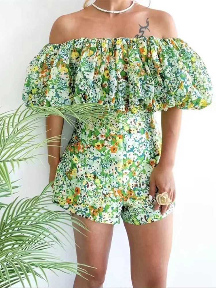 Women's Two Piece Pants Womens Retro Grn Printing 2-Piece Set 2024 Summer New Floral Puffed Slve Top+High Waist Shorts Suit Female Holiday Clothe