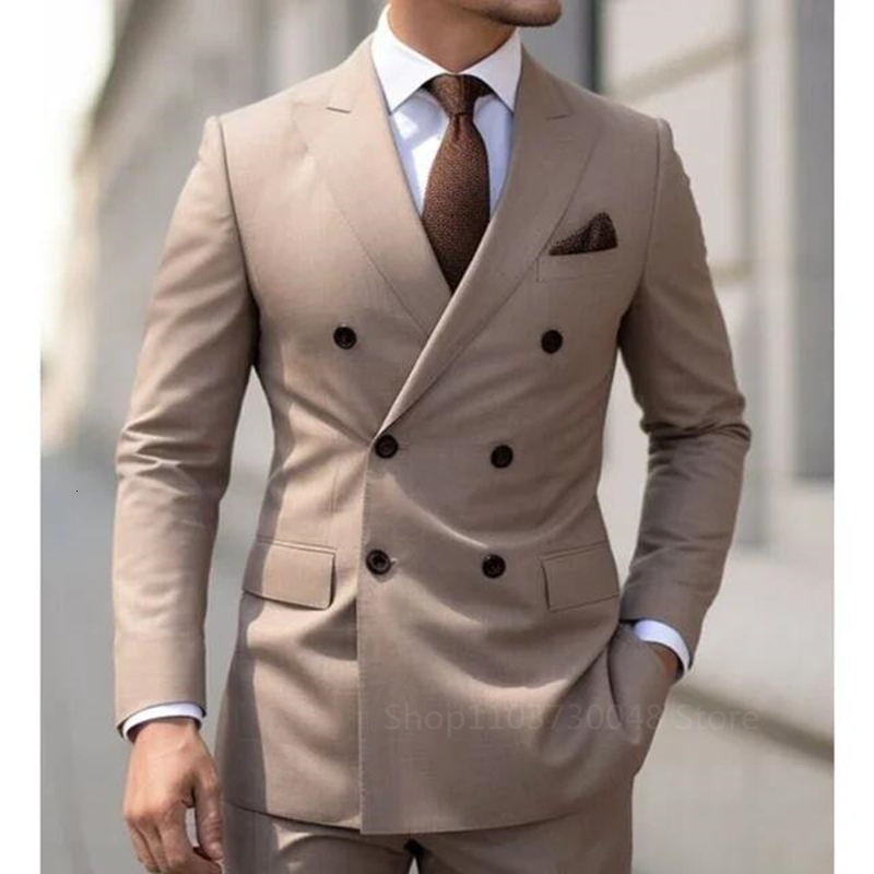 Solid 2 Pieces Men Set Fashion New Men's Formal Business/Wedding Groom Suits Peak Lapel Double Breasted Blazer Trousers