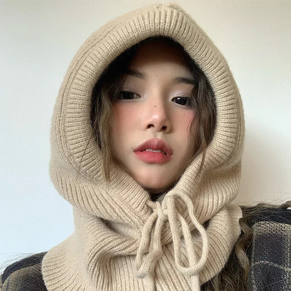 Winter Balaclava hat collar thick knitted wool lapel hat Korean womens cotton ear protection lapel hat accessories 241205