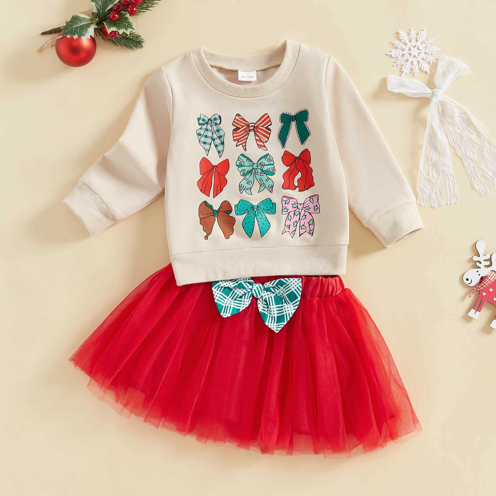 1-4Years Infant Baby Girls Kids Fall Outfits Bow Print Long Sleeve Sweatshirts with Red Tulle Tutu Skirts 2Pieces Christmas Sets W241213