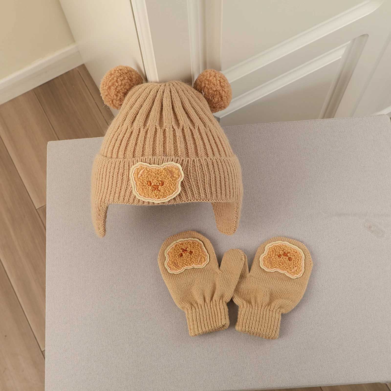 Cute Bear Pompom Baby Hats Gloves Set Winter Knit Beanie and Mittens for Girls Boy Crochet Weather Caps Baby AccessoriesXJ241213