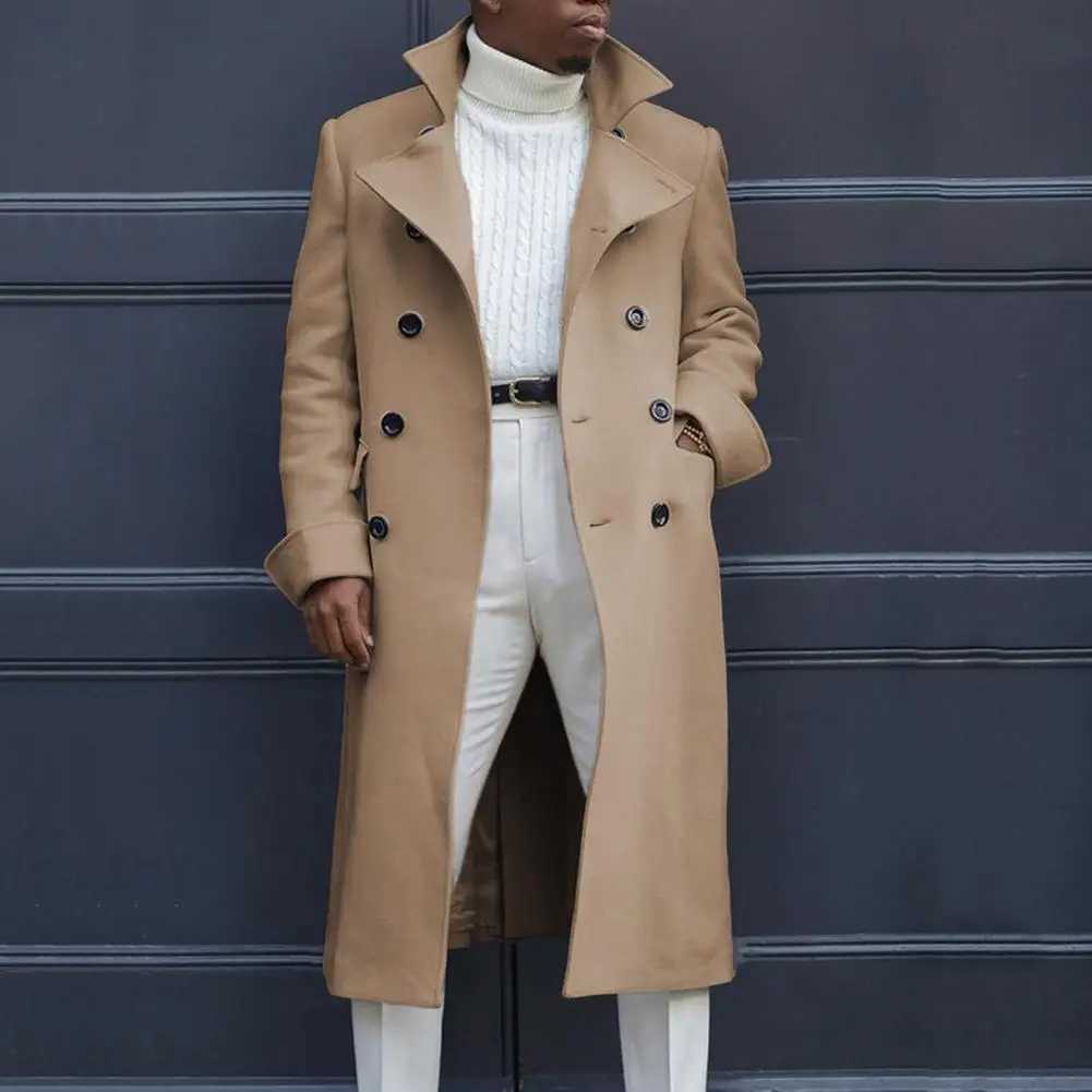 Lapel Men Coat Men Long Windbreaker Coat Stylish Mens Double-breasted Trench Coat Mid Length Windproof Thick Versatile for FallXJ241212