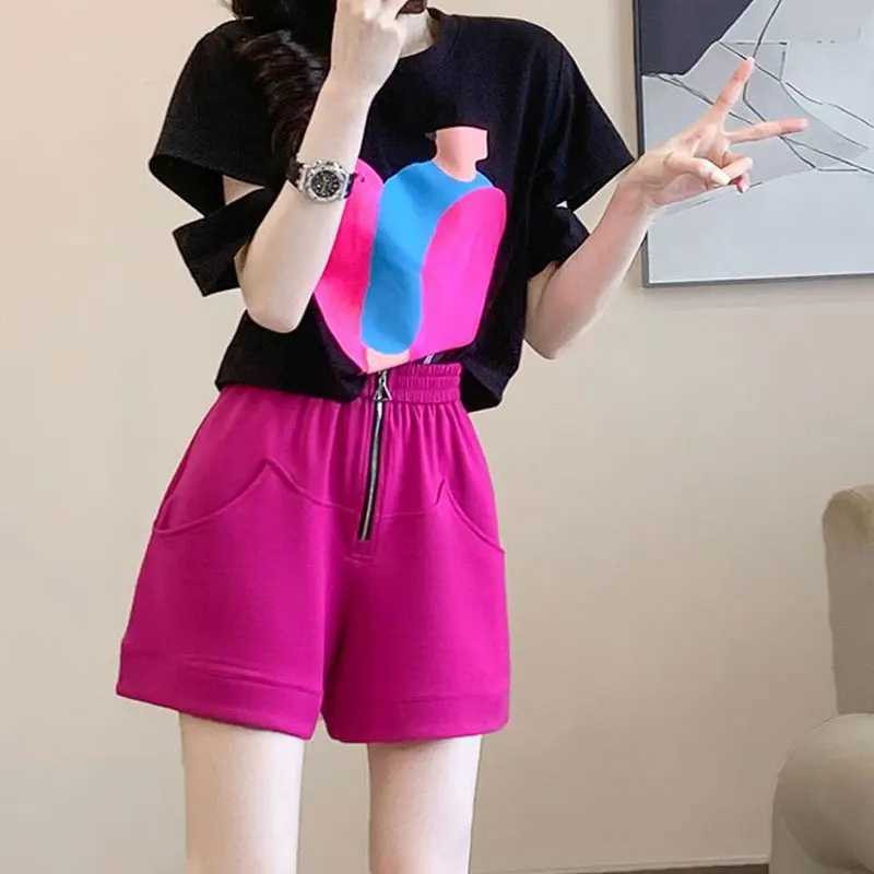 Women's Two Piece Pants Short Slve Pullovers O-neck Short Sets Solid Color Hollow Out Fashion Loose Zipper Elastic Waist Womens Clothing Simplici