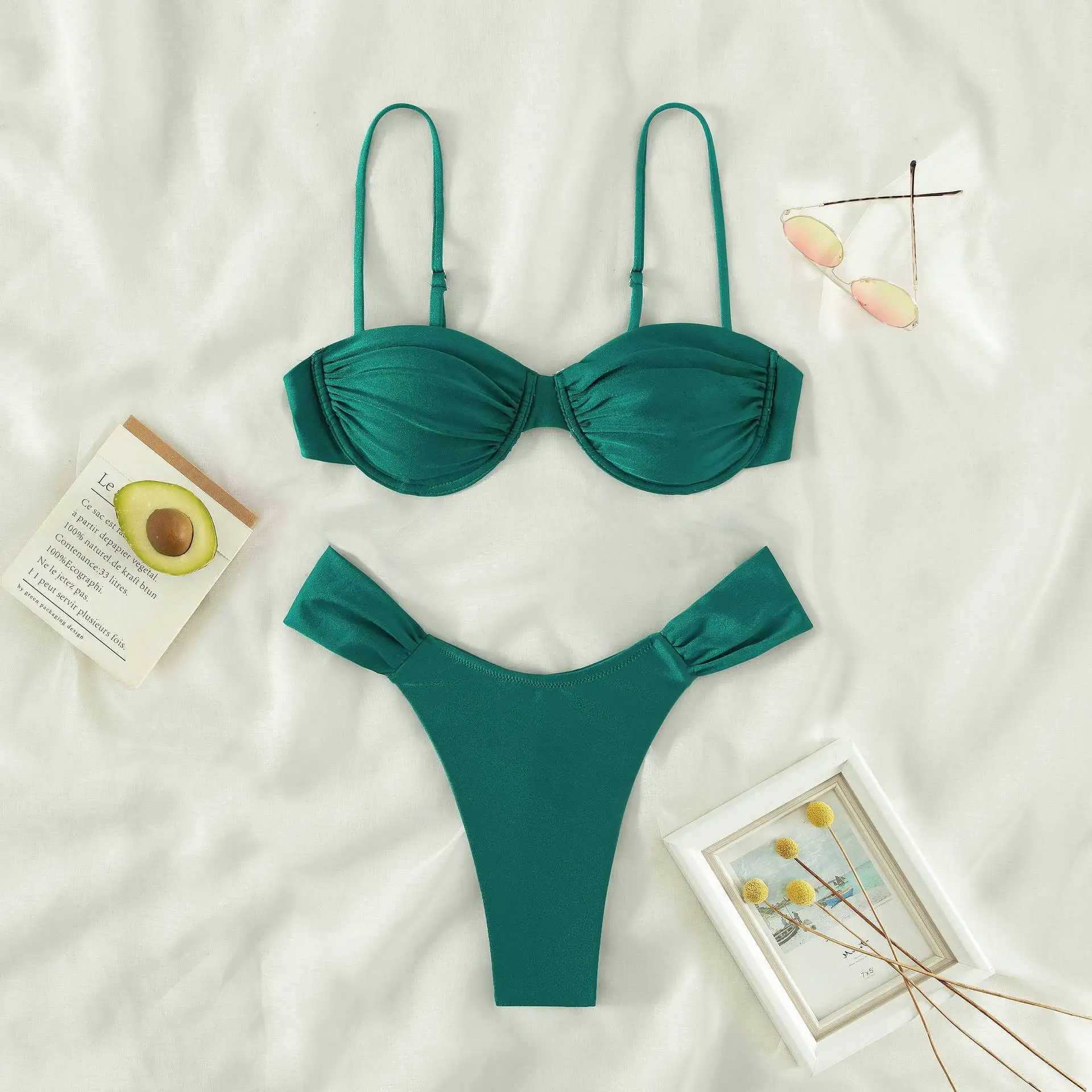 Women Sexy High Cut Bikini Sets Push-up Pated Bra+Low Waist Bris Two-Piece Swimsuits Solid Color Swimwear Beachwear BiquinisXJ241212