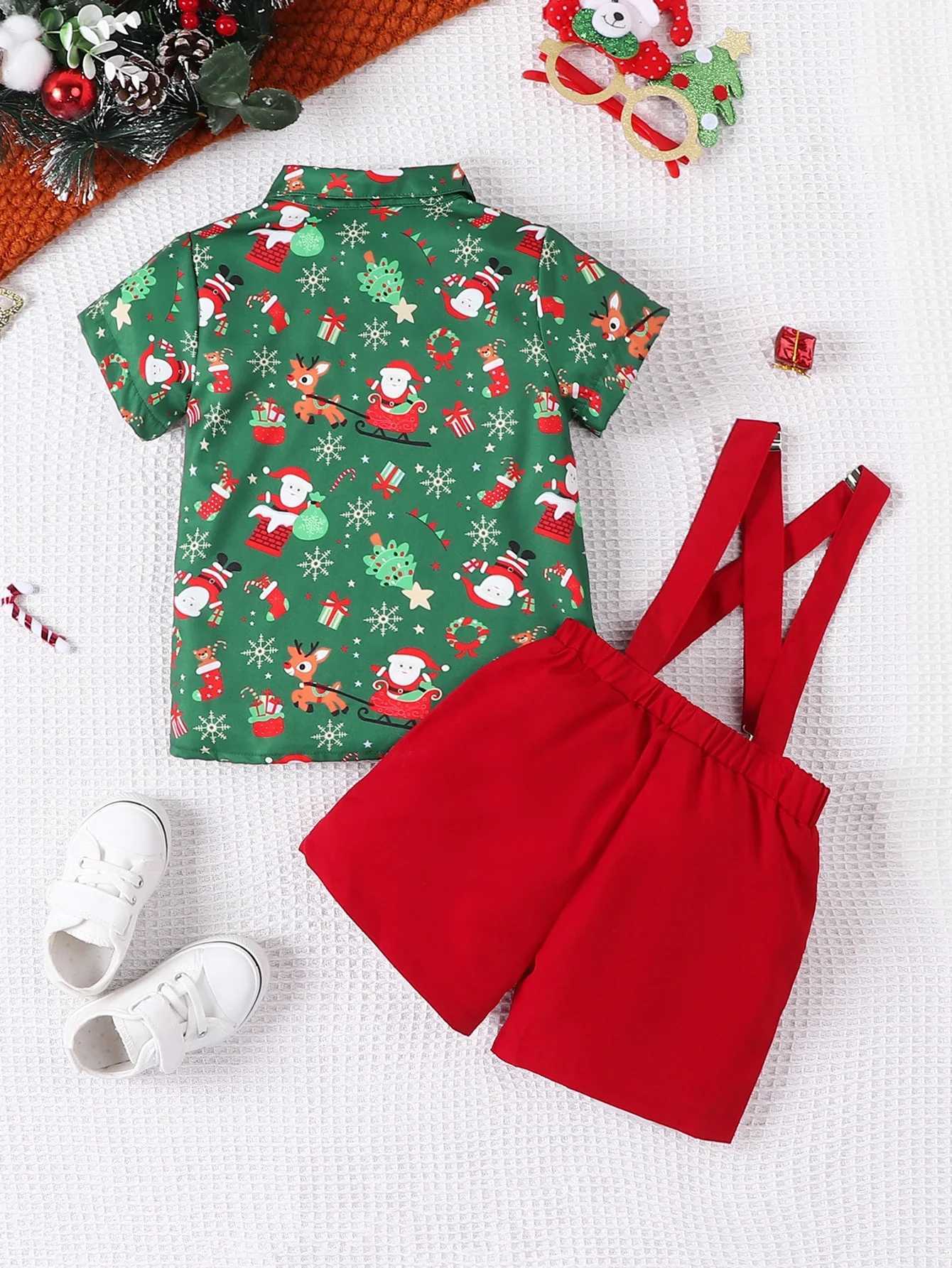 New Year Costume For Boys Christmas Outfits Gentleman Necktie Green Shirts Red Suspender Pants Kids Christmas Clothes W241213