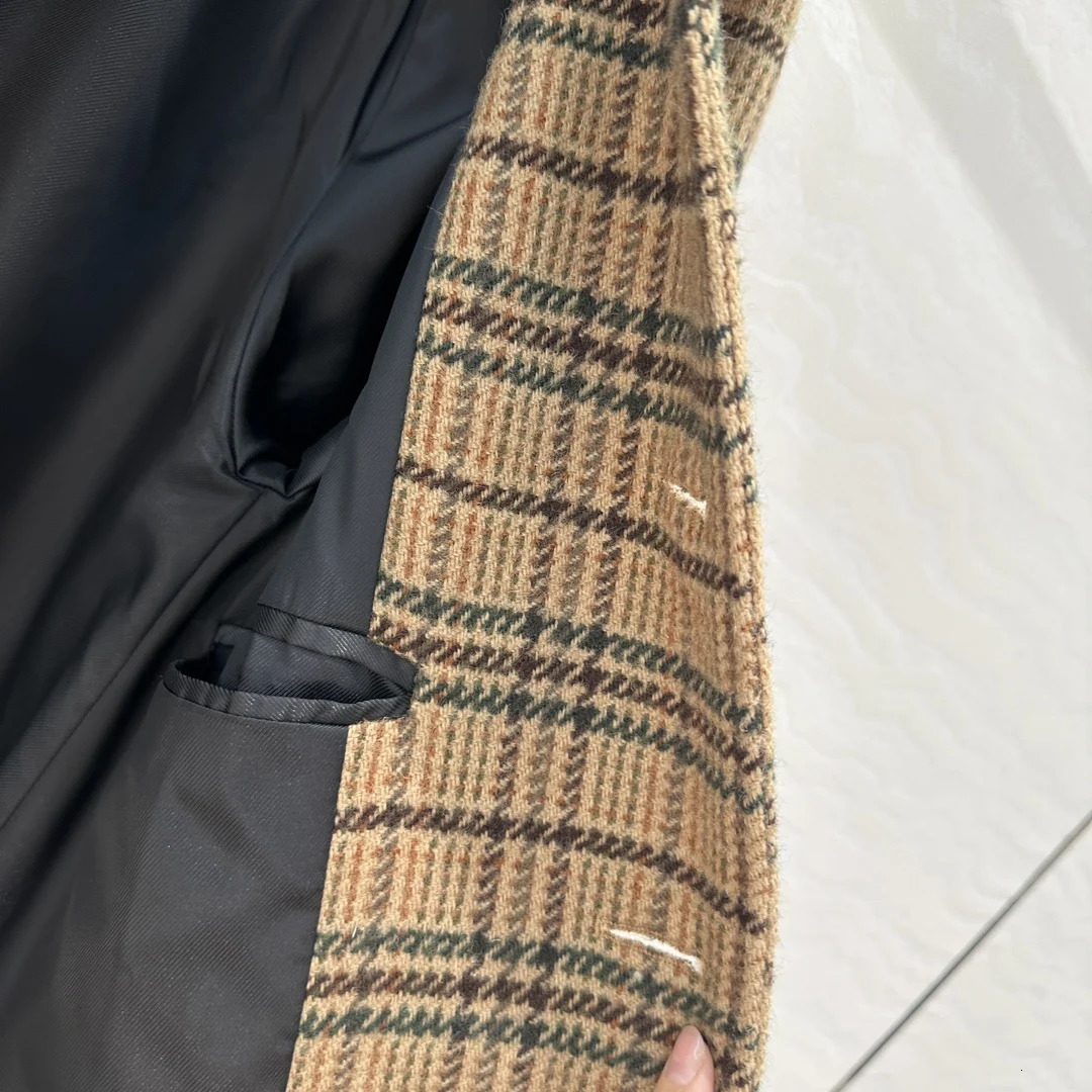 womens autumn and winter wool plaid doll collar long coat 241213