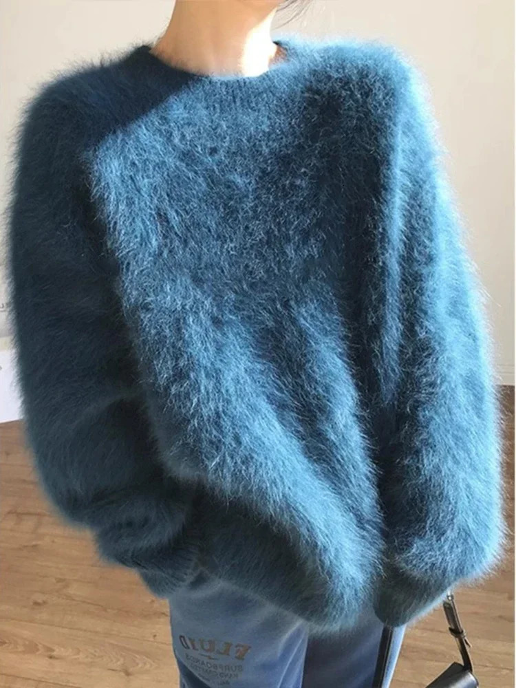 Autumn Winter Mink Fleece Sweater Womens Knitted Pullovers Thick Loose Casual Outerwear Solid O Neck Oversize Jumper 241212