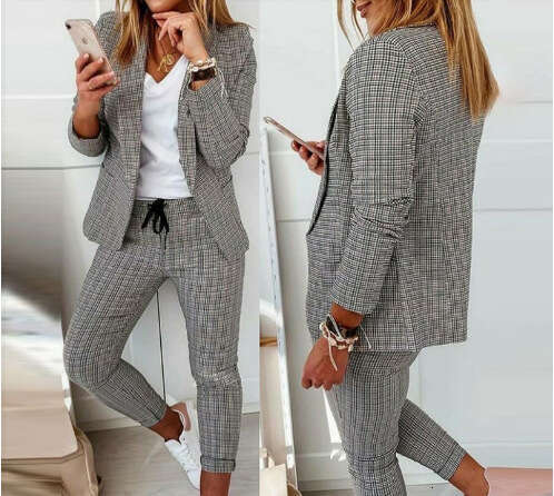 New European And American Women's Plaid Casual Slim Fit Lapel Suit With Elastic Tie Pants Set, Fashionable Quality Classic