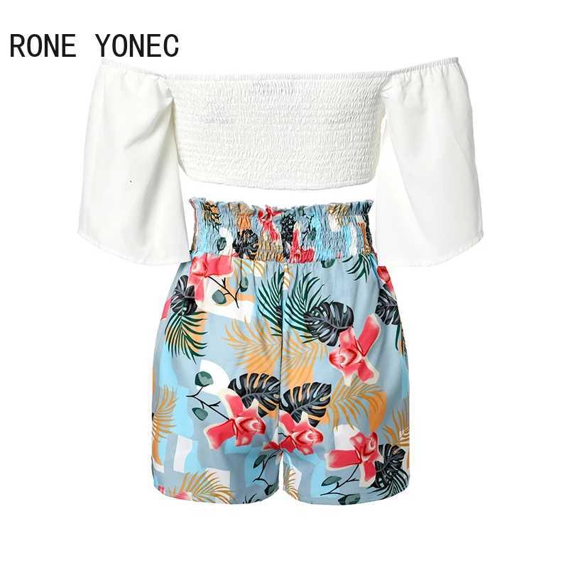 Women's Two Piece Pants Women Elegant Off Shoulder Short Slves High Elastic Waist Lace Up Solid Top All Over Print Bottoms Short Sets Y241213Z7BU
