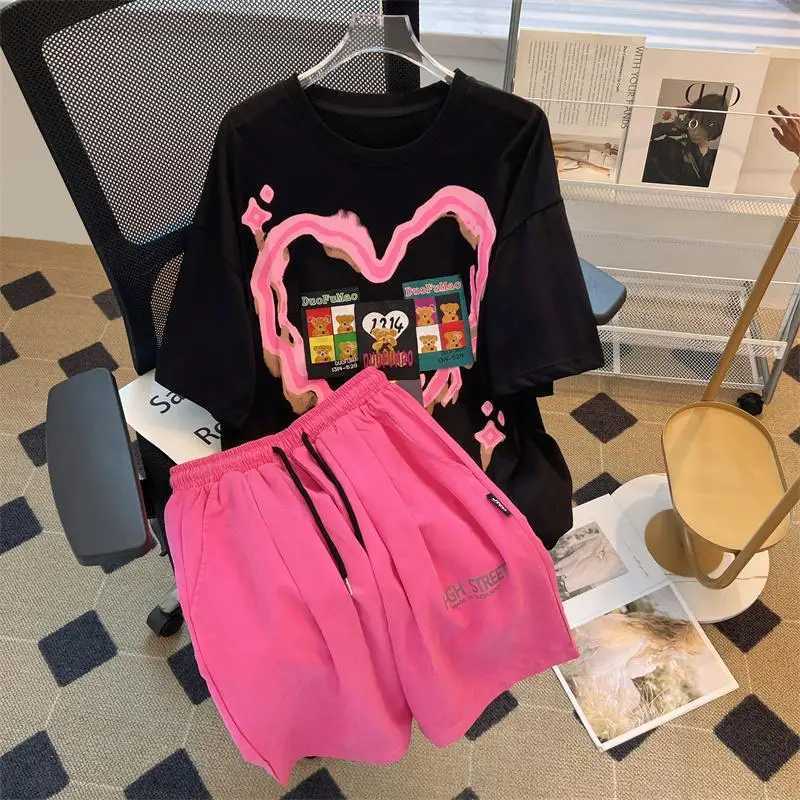 Women's Two Piece Pants Summer Loose Short Slve Tops Ladies Casual Two Piece Set Summer Printing Womens Clothing New Fashion Elastic Waist Shorts