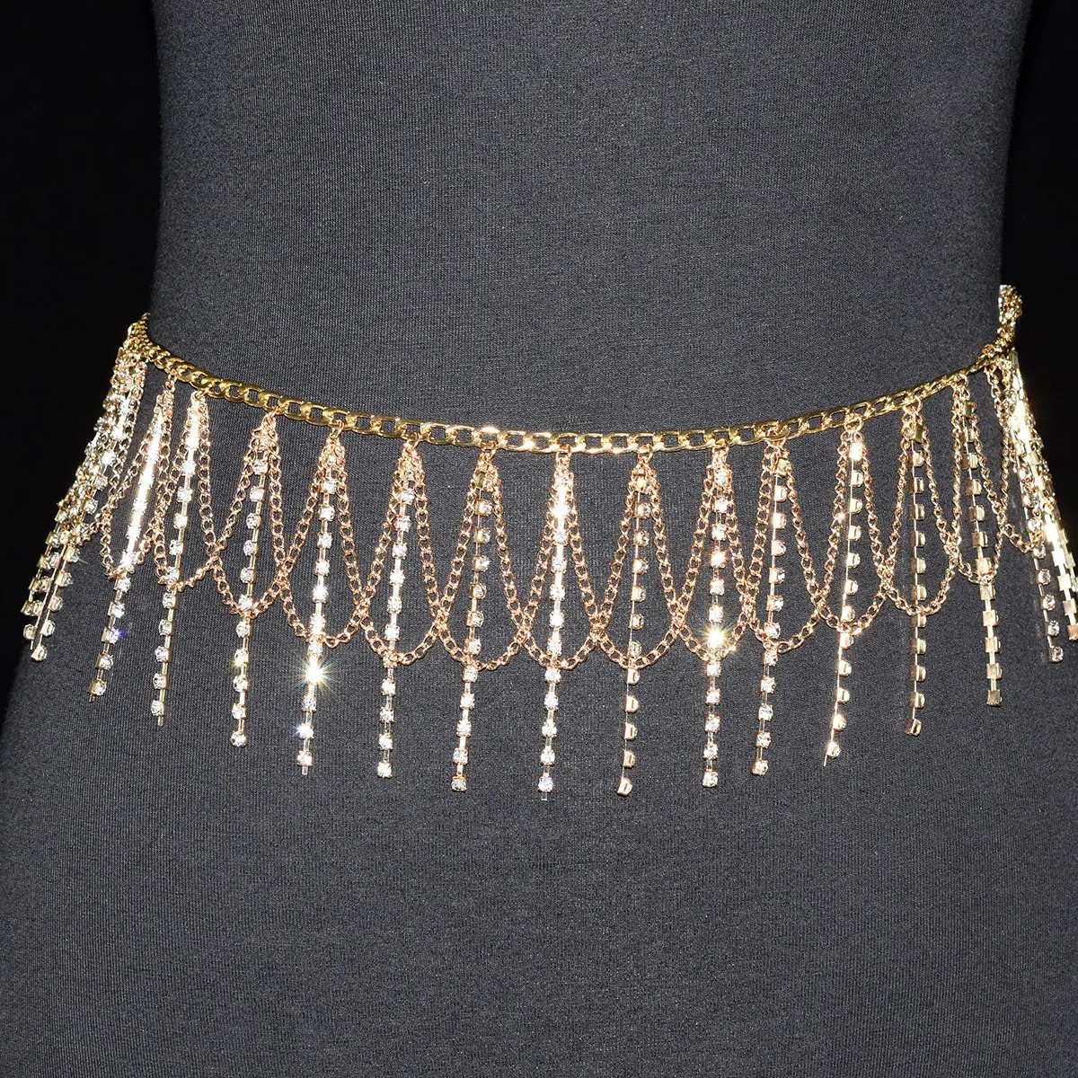 Festival Gifts Sexy Fashion Waist Chain For Lady Shiny Rhinestone Tassel Body Jewelry Stage Performance Party Dress Metal 241213