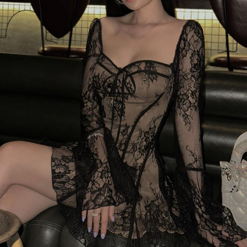 Women's 2023 New Ballet Style Sexy Pure Desire Lace Print Long sleeved Dress with Strap Wrap