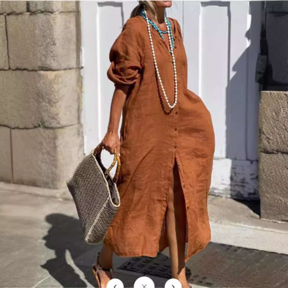 European American Women's New Cotton And En Simple Loose Sleeved Button Up Cardigan Long Shirt