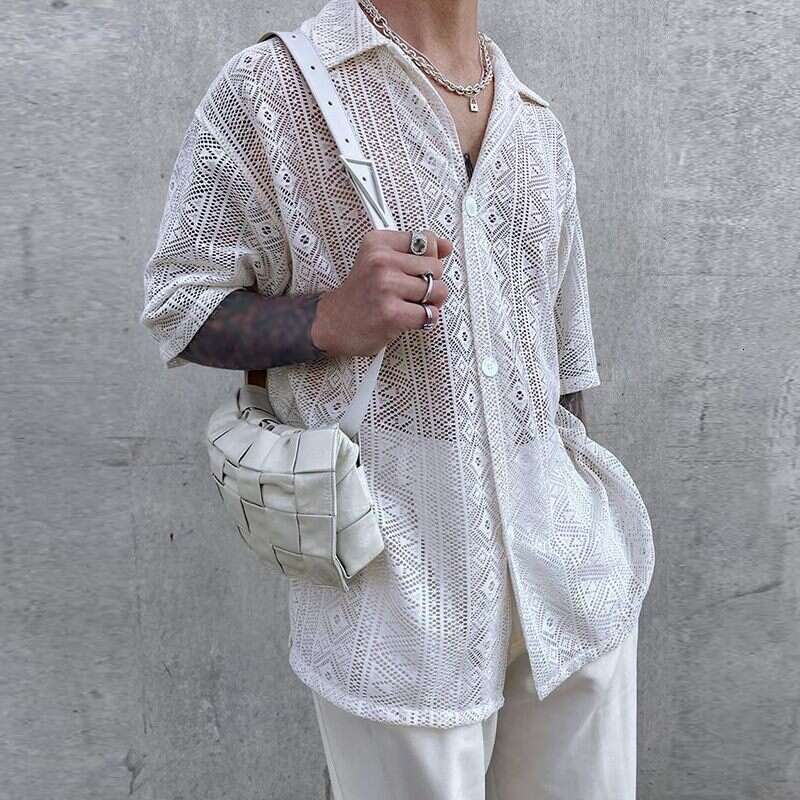 Foreign Trade European And American Summer Men's Clothing New Style Solid Color Sexy Mid Sleeve Mesh Perspective Lace Top Shirt Fashion Quality C