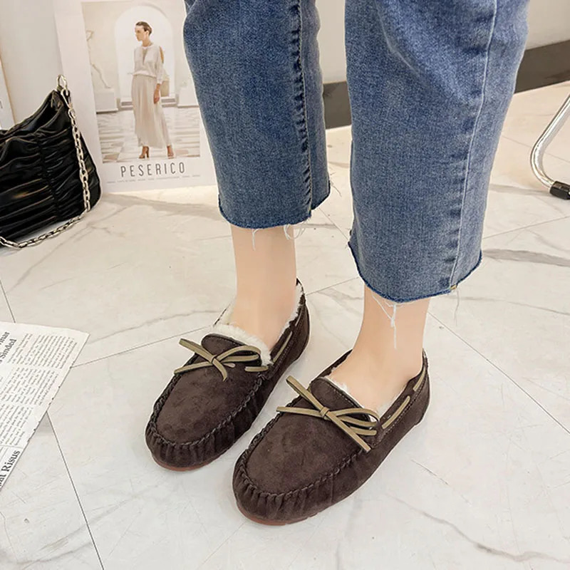 Winter Women Shoes Flat Loafers Warm Plush Inside Slip-On Casual Ladies Shoes Non-Slip Bottom Bowtie Home Slippers Shoes WSH4236 241213