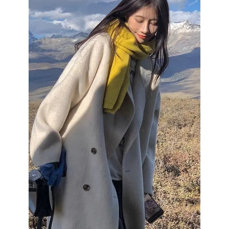 100% Wool Doublesided Woolen Coat for Women Pure Handmade Cashmere Loose Medium Long Plus Size Wom en 241213