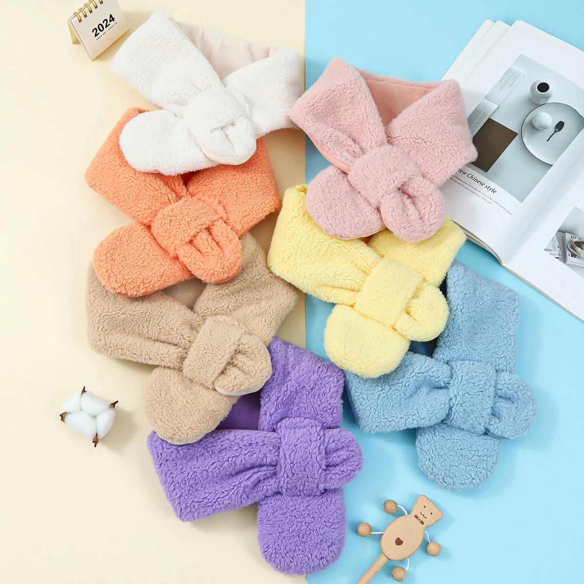 Scarves Wraps Winter Warm Plush Baby Scarf Cute Boy Girl Scarves Newborn Toddler Faux Fur Children Cross Neckerchief Baby Shawls H241213