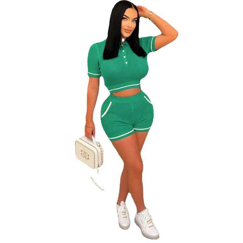 Women's Two Piece Pants Knit Ribbed Crochet 2 Piece Set Womens Short Slve Top and Shorts Matching Strtwear Stretch Outfits Y241213JISX