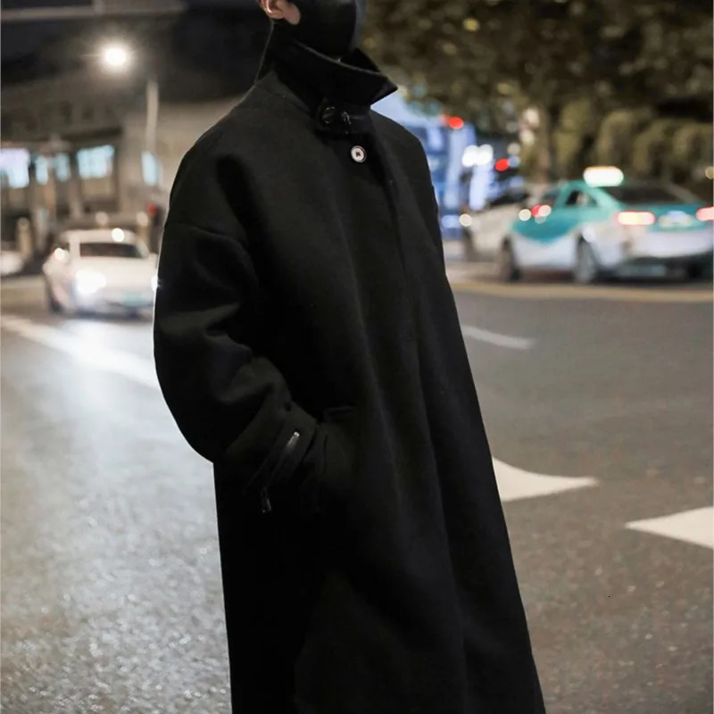 Mens standing collar wool trench coat mens side button casual loose Korean high-end winter thick elegant fashion coat 241211