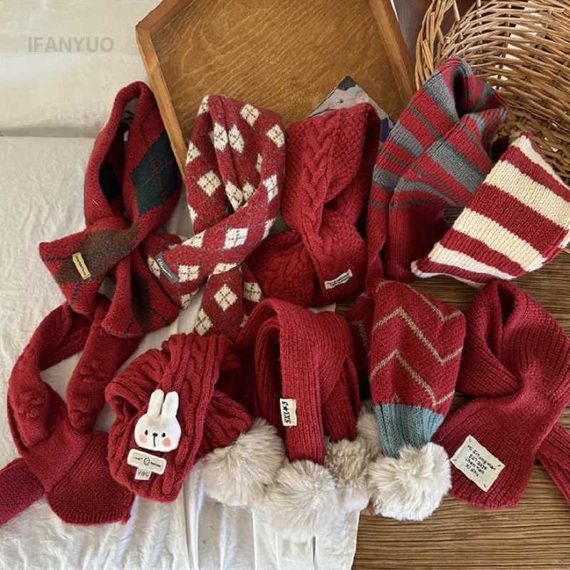 Scarves Wraps 0-10Y Red Childrens Scarf for New Year Christmas Winter Warm Soft Cotton Woolen Knit Windproof Scarves for Baby Boys and Girls H241213