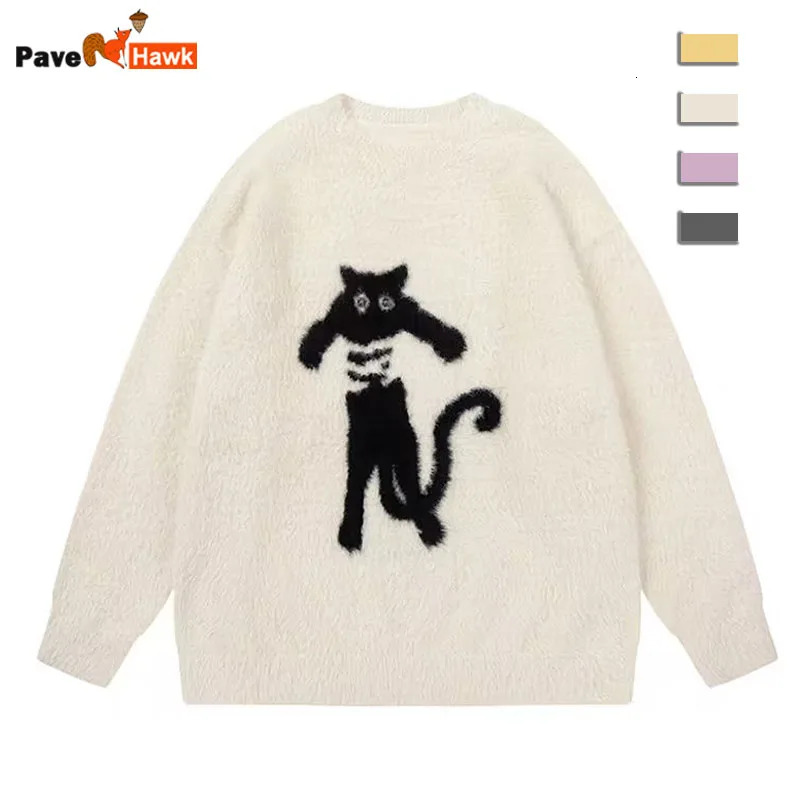 Cartoon Knitting Sweater Men Women Loose Knitted Jumpers Autumn Streetwear Haruku Cat Pattern College Knit Pullovers Couple