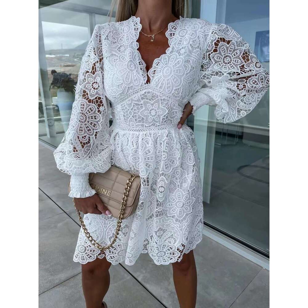 European And American Style Commuting V-Neck Sexy Hollow Lace Dress, Fashionable Quality Classic