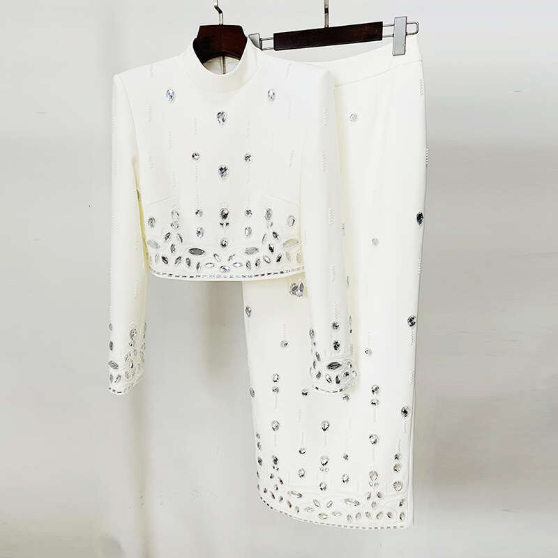Ladies' Suit HIGH STREET Newest Designer Runway Suit Women's Stand Collar Zip Back Cropped Tops Long Skirt Set 2Pcs