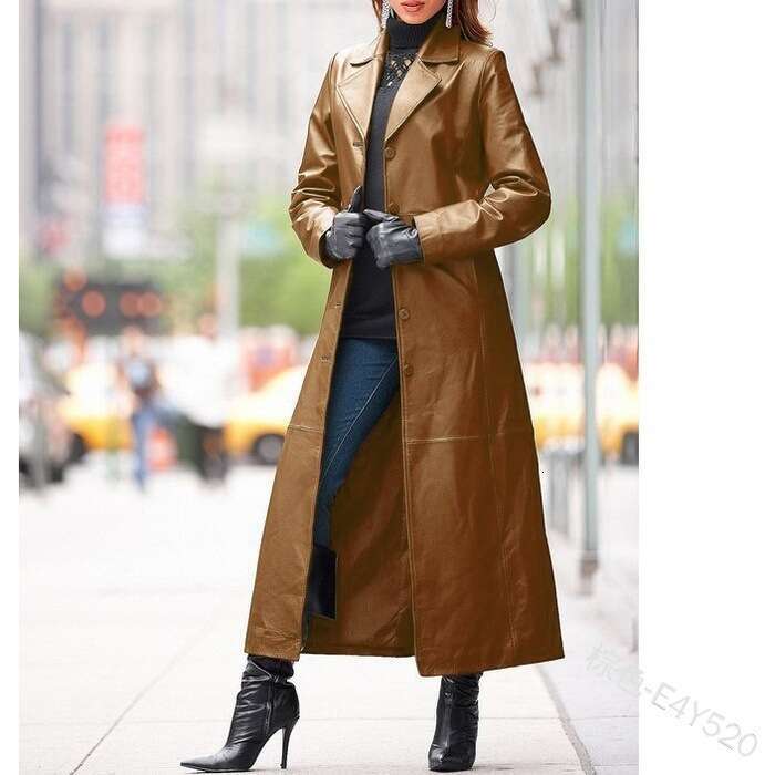 European American Women's Buttoned Long Coat, Slim Fit And Slimming, Plus Size Leather Windbreaker, Fashionable Quality, Classic