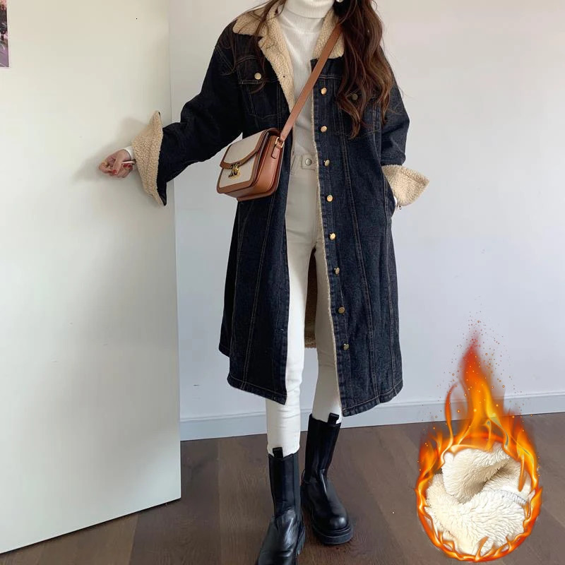 Lambwool lined medium length denim jacket autumn and winter collar retro streetwear casual Chaquetas top Korean womens Jaqueta 241211