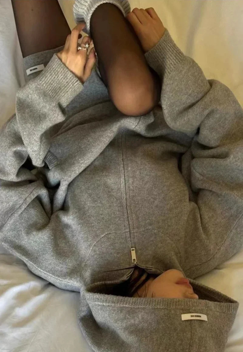 Y2k American casual sportswear lazy hooded cardigan solid color loose sweater tight shorts gray twopiece set 241211