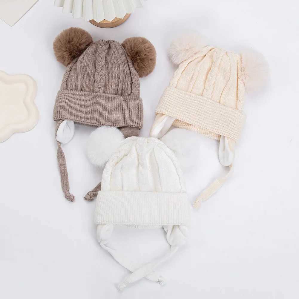 Pompom Winter Baby Hats Cute Beanies Caps Bear Ear Protection Knitted Boys Girls Headwraps Warm Kids Crochet Infant Kid HeadwearXJ241213
