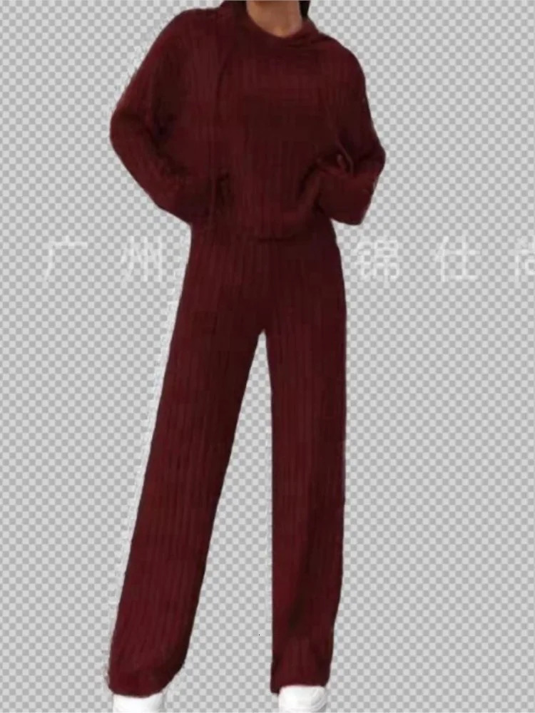 Fashionable Longsleeved Hooded Top Pants 2piece Set For Women Autumn Winter Solid Color Loose Knitted Sweatshirt Suit Female 241203