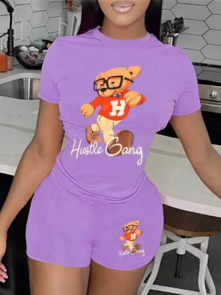 Women's Two Piece Pants LW Plus Size Cartoon Bear Letter Print Two Pieces Suits Shorts Set Short Slve Crewneck T-shirt and Matching Pants 2pcs Ou