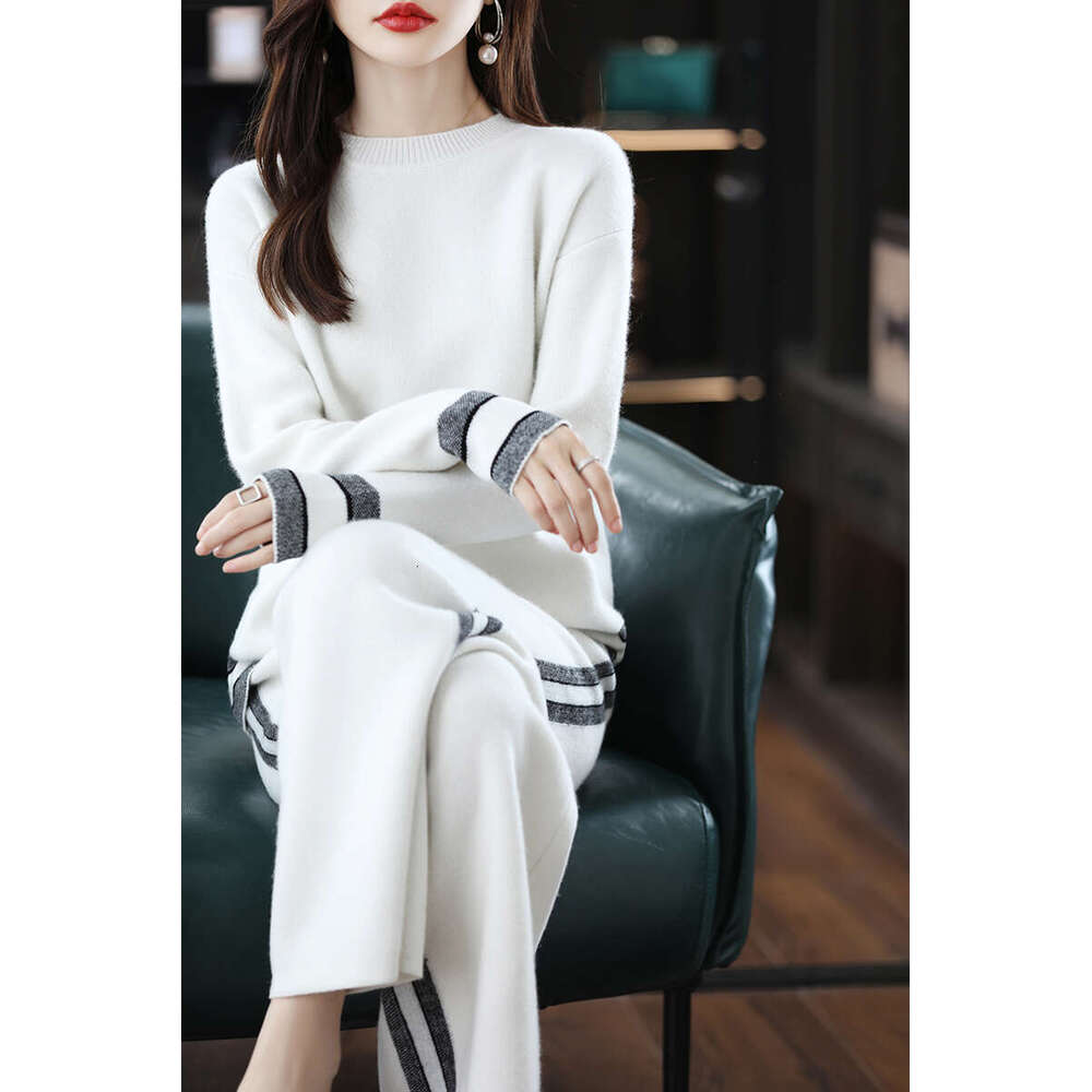 Ladies Suits 100% Merino Wool Women's O-Neck Pullover Autumn/Winter New Fashion Color Matching Casual Two-Piece Suit Female