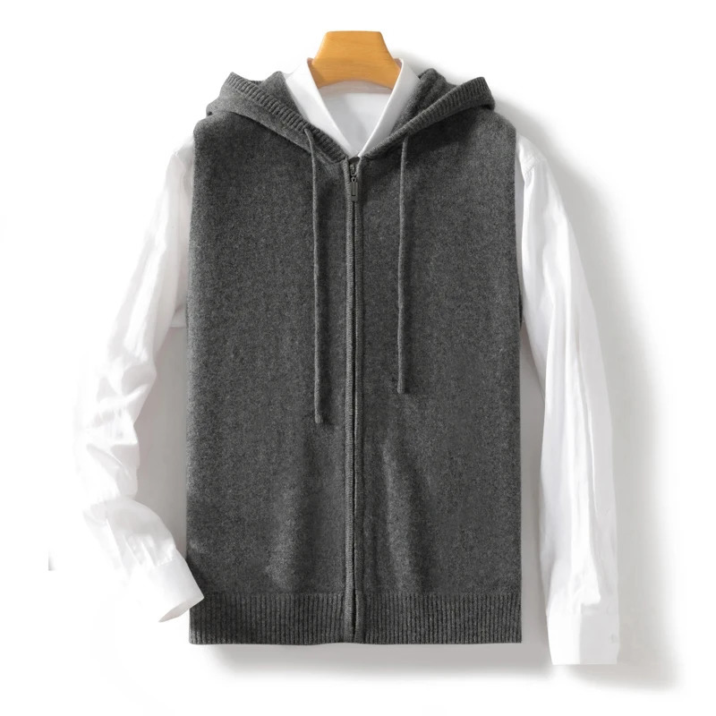 Mens 100% Merino Wool Sweater Vest Sleeveless Zipper Cardigan Smart Casual Basic Cashmere Knitwear Comfy Hoodie Waistcoat 241213
