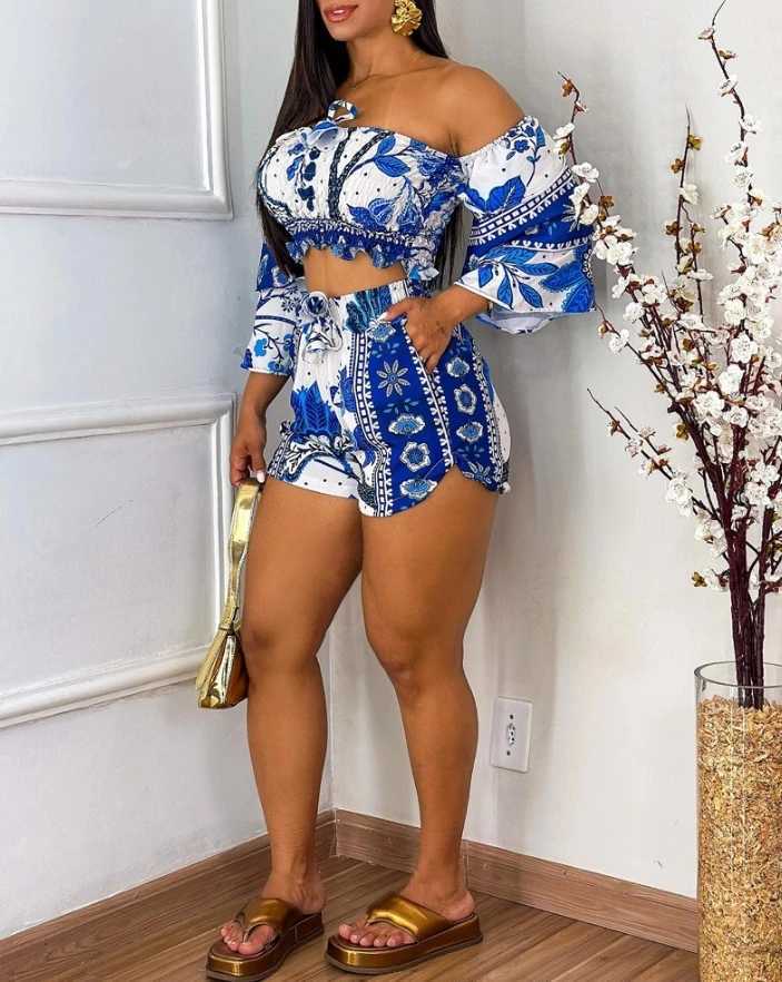 Women's Two Piece Pants Two Piece Set Women Outfit 2024 Summer Floral Print Shirred Off The Shoulder Top Casual Pocket Design Drawstring Shorts S