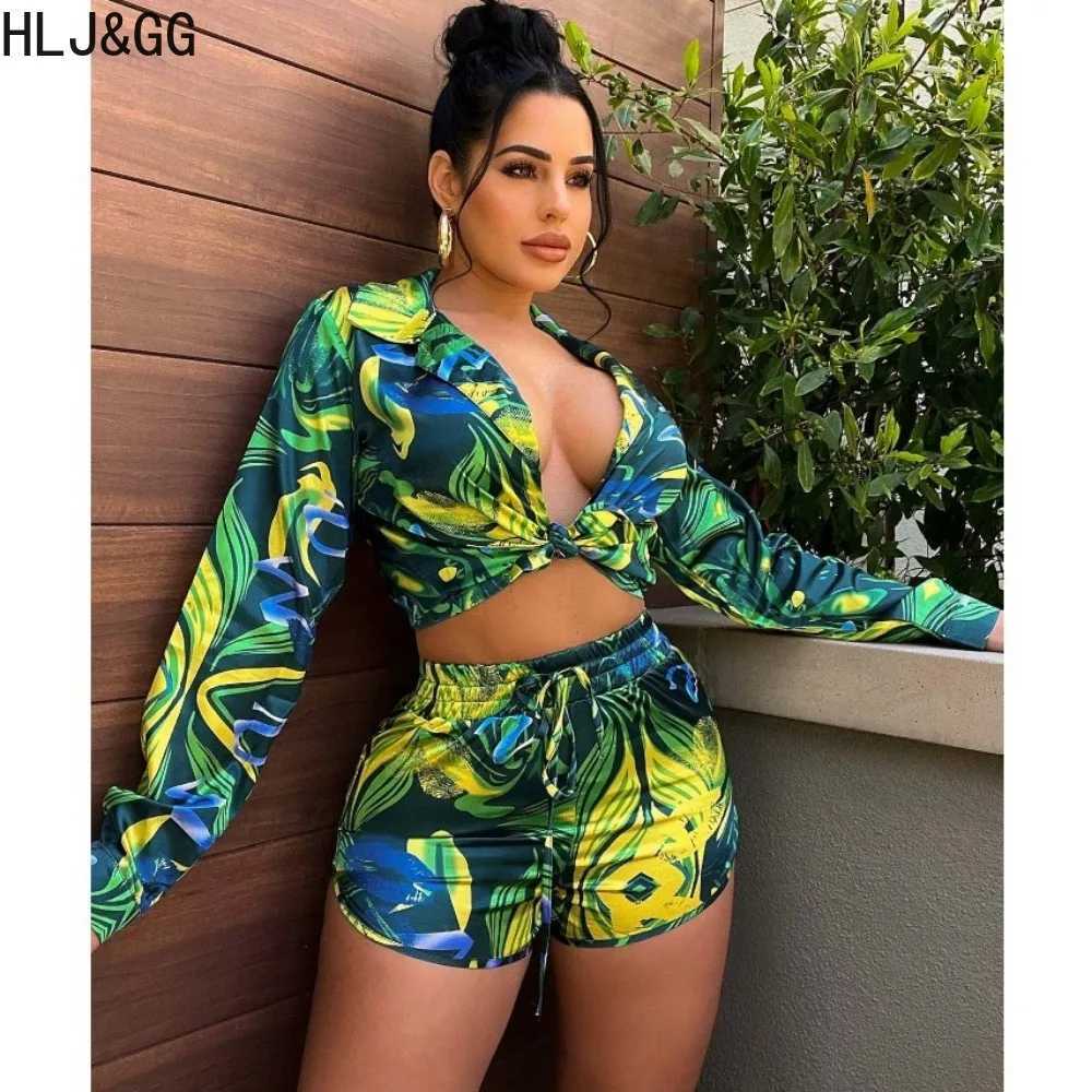 Women's Two Piece Pants HLJ GG Summer Print Shorts Two Piece Sets Women Turndown Collar Long Slve Shirt + Shorts Outfits Female Holidays 2pcs Clo