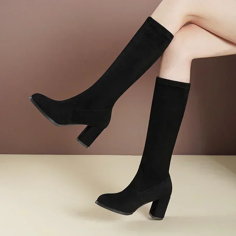 Fashion Winter Womens Knee Boots Artificial Fur Elastic Point Suede High Heels Casual Warmth 241213