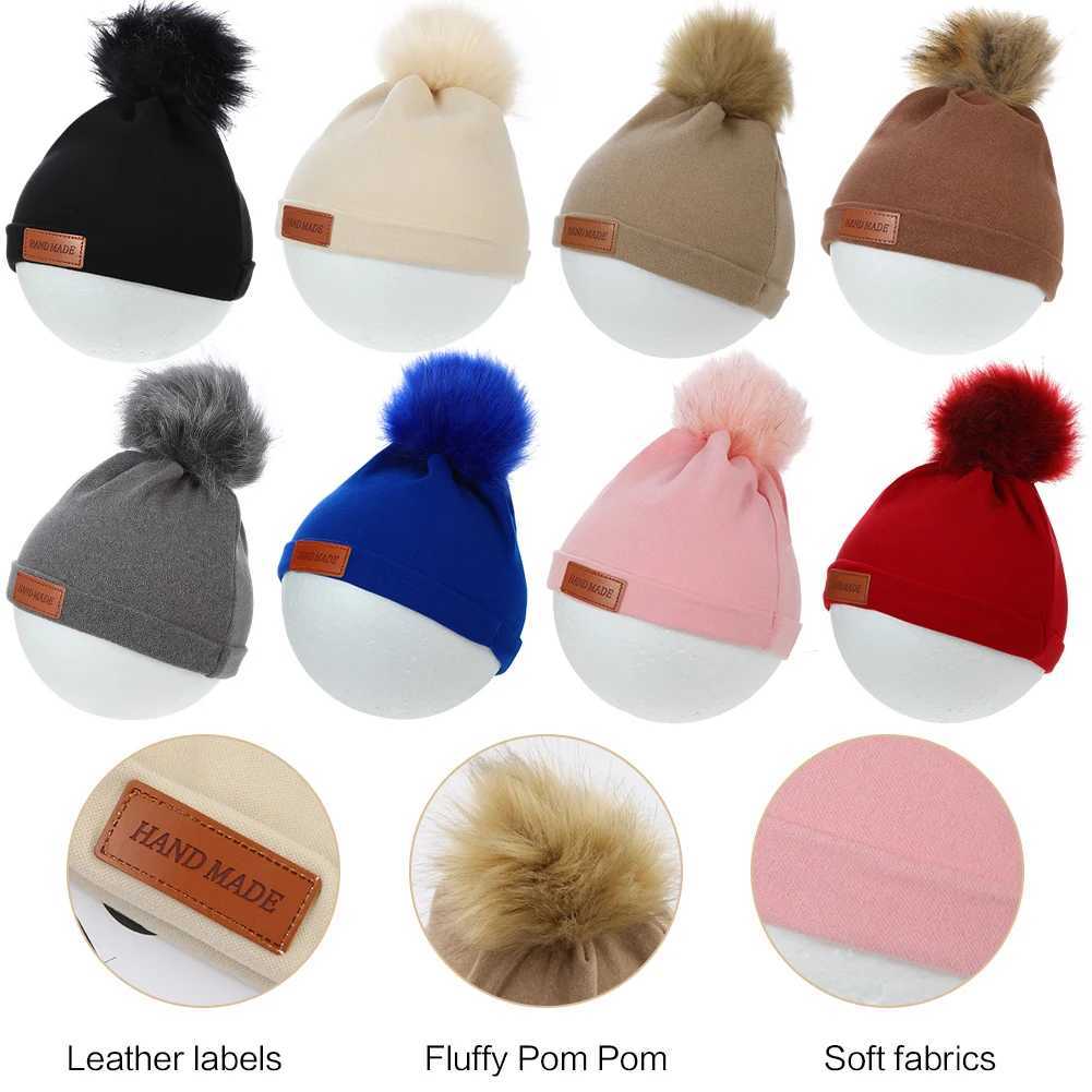 Pompom Faux Cashmere Baby Turban Hats Leather Stick Warm Winter Caps Newborn Boys Girls Beanies Bonnet Kids Headwraps HeadwearXJ241213