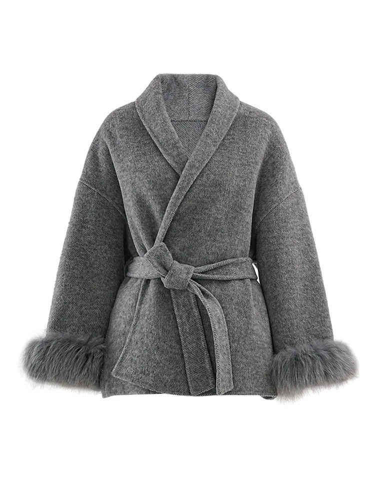 Lanmrem Autumn/Winter Woolen Coat Womens Fashion Feather Splicing Sleeve with Gather Waist Jacket 2024 Clothing CPG1864 241209