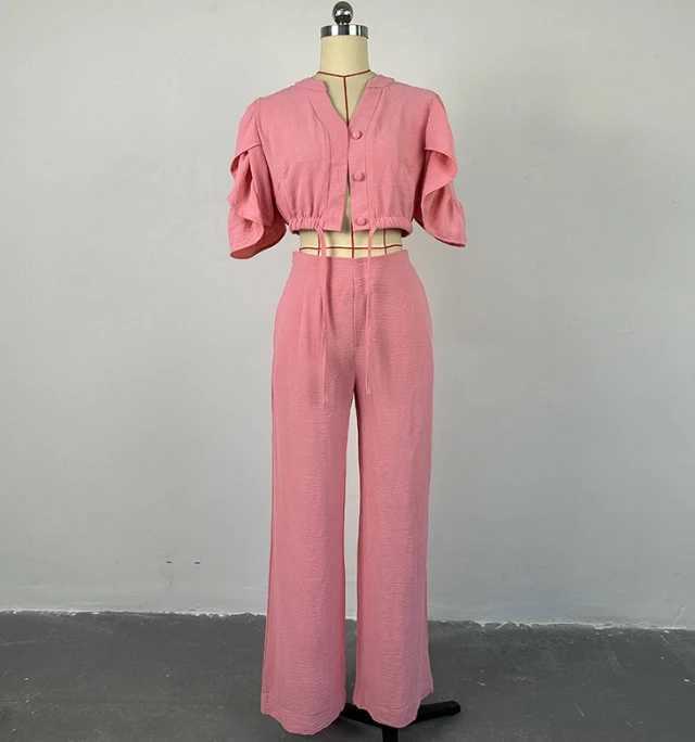 Women's Two Piece Pants Fashion 2024 Women Two Piece Set Outfits Solid Color V-Neck Flared Slve Tie Up Top Wide Leg Pants Casual Set Sport Suit Y