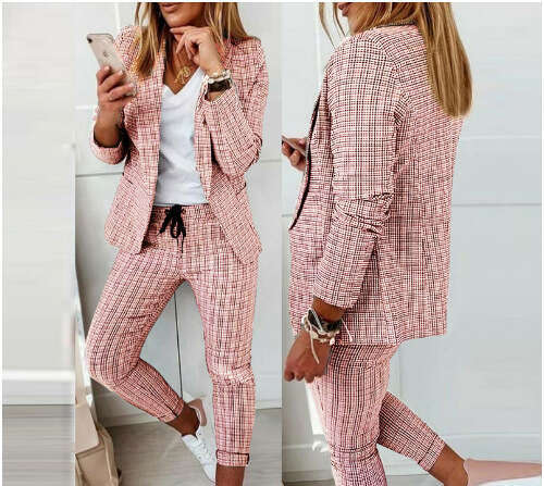 New European And American Women's Plaid Casual Slim Fit Lapel Suit With Elastic Tie Pants Set, Fashionable Quality Classic