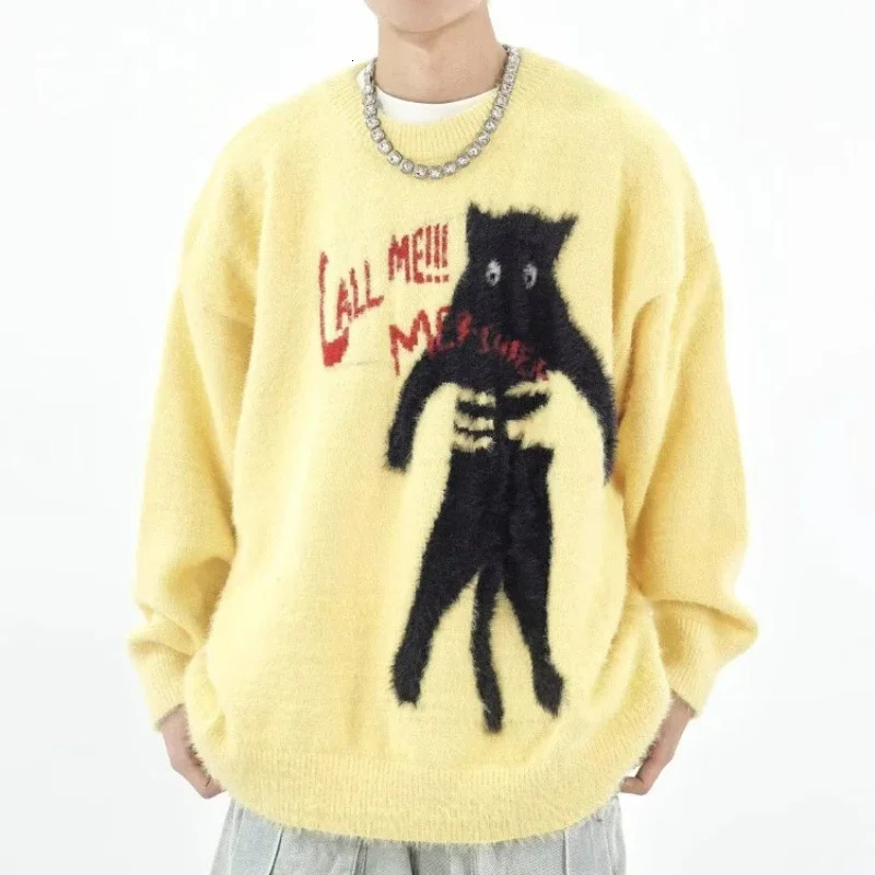 Cartoon Knitting Sweater Men Women Loose Knitted Jumpers Autumn Streetwear Haruku Cat Pattern College Knit Pullovers Couple
